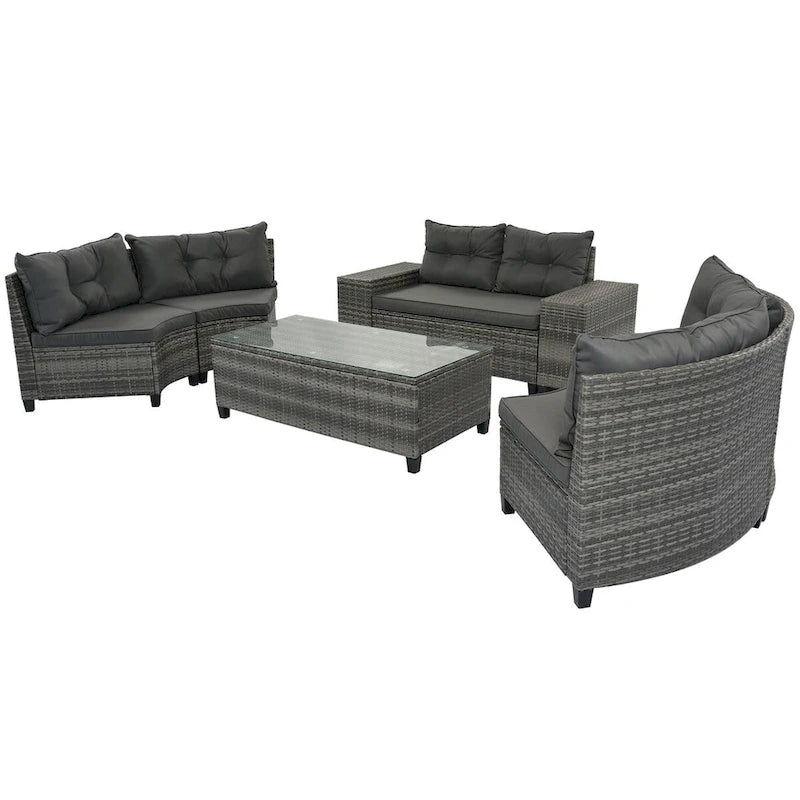 8 Pieces Outdoor Wicker Curved Patio Sectional with Rectangular Coffee Table and Movable Cushions