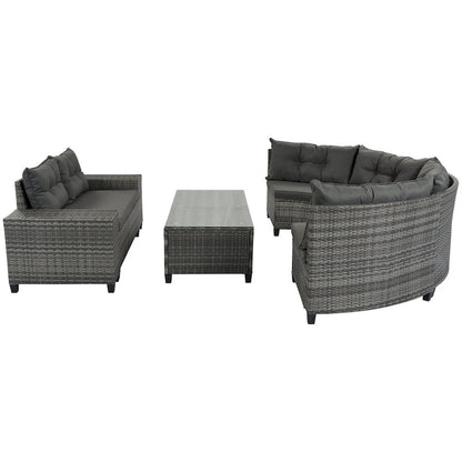 8 Pieces Outdoor Wicker Curved Patio Sectional with Rectangular Coffee Table and Movable Cushions