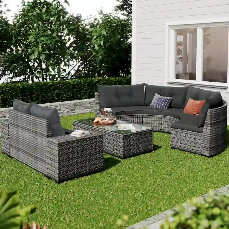 8 Pieces Outdoor Wicker Curved Patio Sectional with Rectangular Coffee Table and Movable Cushions