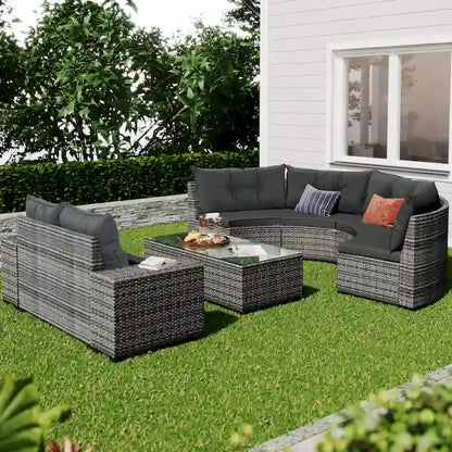 8 Pieces Outdoor Wicker Curved Patio Sectional with Rectangular Coffee Table and Movable Cushions