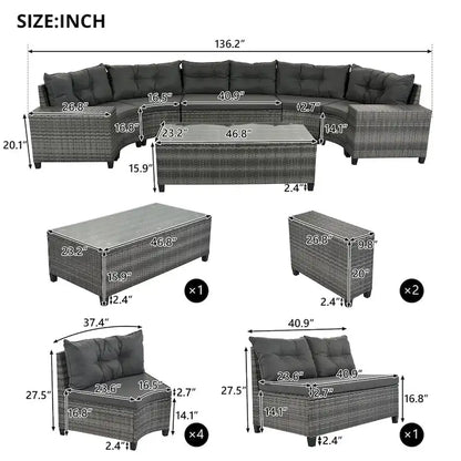 8 Pieces Outdoor Wicker Curved Patio Sectional with Rectangular Coffee Table and Movable Cushions