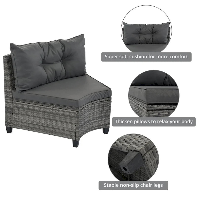8 Pieces Outdoor Wicker Curved Patio Sectional with Rectangular Coffee Table and Movable Cushions