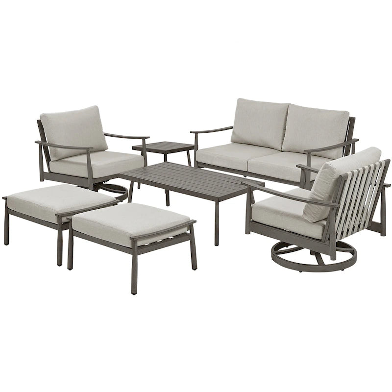 7-Piece Aluminum Patio Conversation Set, Loveseat with Ottomans, 2 Swivel Armchairs and Coffee Table