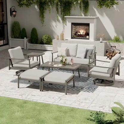 7-Piece Aluminum Patio Conversation Set, Loveseat with Ottomans, 2 Swivel Armchairs and Coffee Table