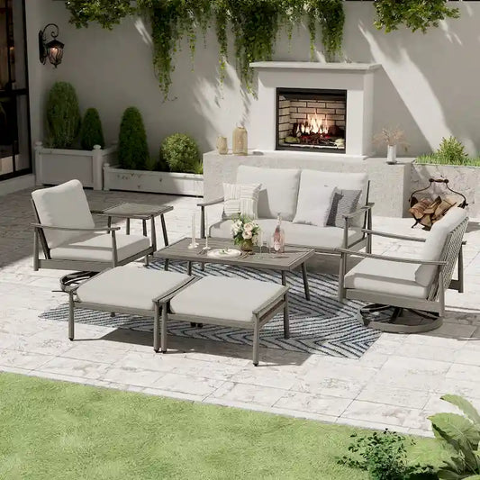 7-Piece Aluminum Patio Conversation Set, Loveseat with Ottomans, 2 Swivel Armchairs and Coffee Table
