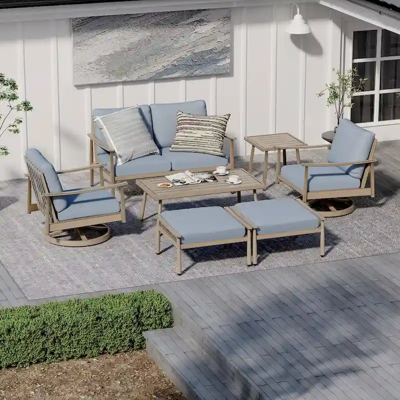 7-Piece Aluminum Patio Conversation Set, Loveseat with Ottomans, 2 Swivel Armchairs and Coffee Table