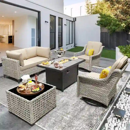 OVIOS 7 Pieces Outdoor Wicker Furniture Set With Solar-Powered Coffee Table&Fire Pit