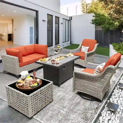 OVIOS 7 Pieces Outdoor Wicker Furniture Set With Solar-Powered Coffee Table&Fire Pit