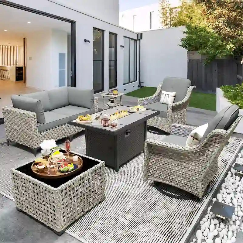 OVIOS 7 Pieces Outdoor Wicker Furniture Set With Solar-Powered Coffee Table&Fire Pit
