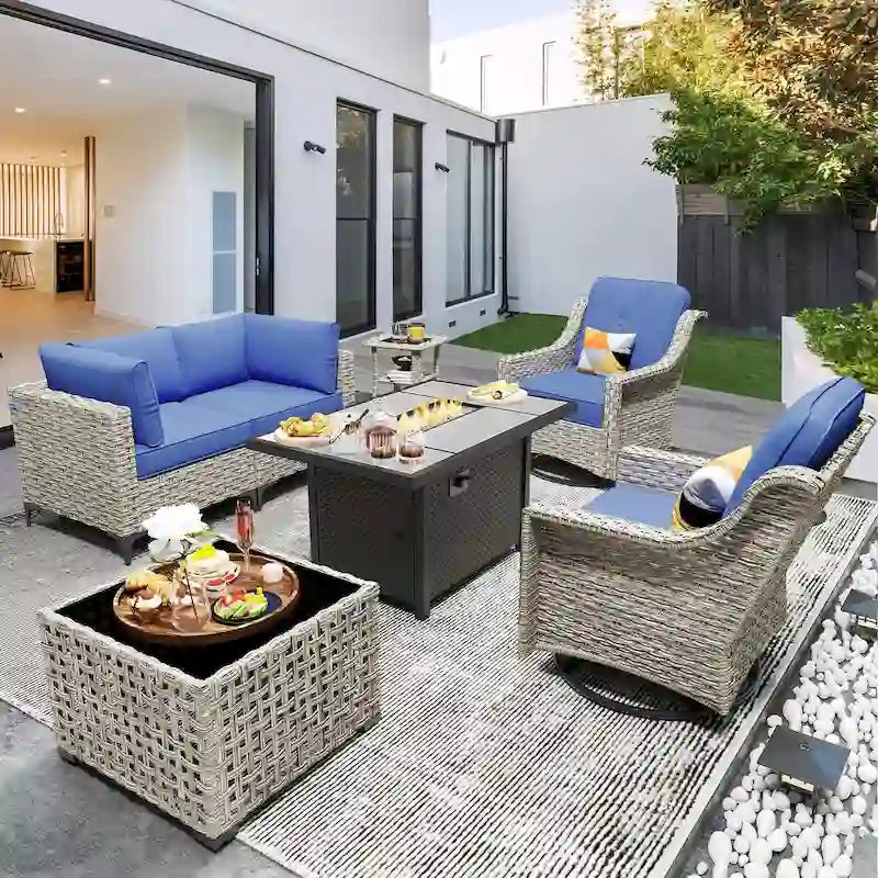 OVIOS 7 Pieces Outdoor Wicker Furniture Set With Solar-Powered Coffee Table&Fire Pit