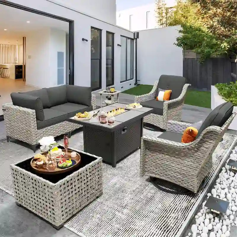 OVIOS 7 Pieces Outdoor Wicker Furniture Set With Solar-Powered Coffee Table&Fire Pit