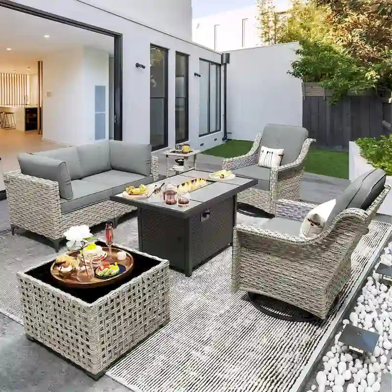 OVIOS 7 Pieces Outdoor Wicker Furniture Set With Solar-Powered Coffee Table&Fire Pit