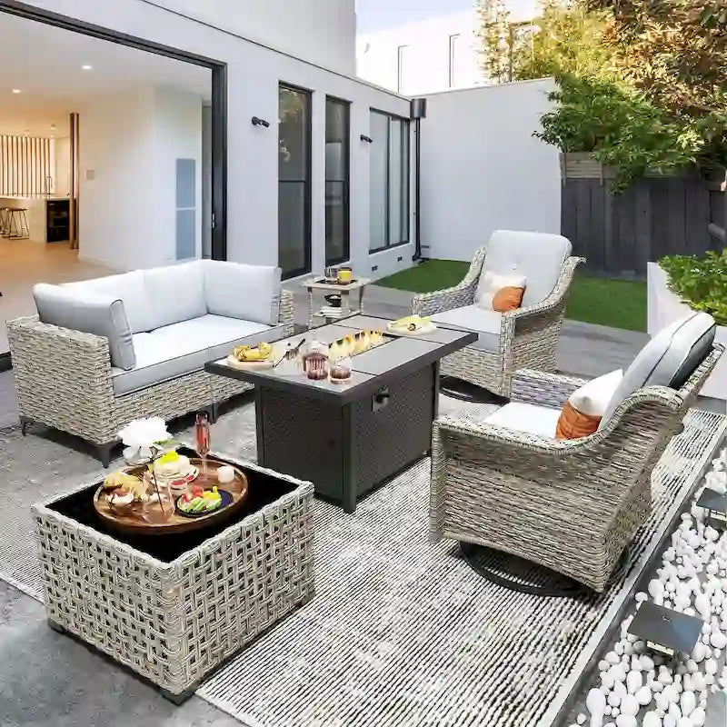 OVIOS 7 Pieces Outdoor Wicker Furniture Set With Solar-Powered Coffee Table&Fire Pit