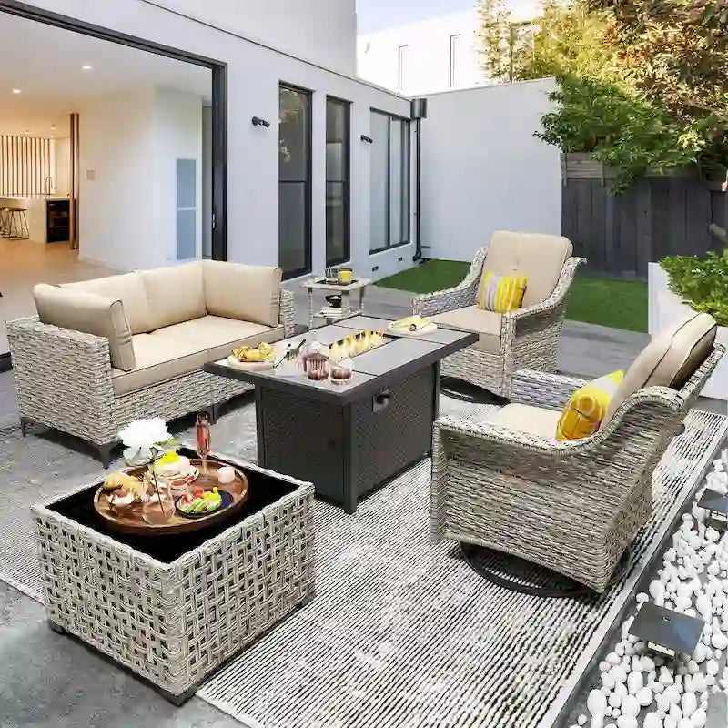 OVIOS 7 Pieces Outdoor Wicker Furniture Set With Solar-Powered Coffee Table&Fire Pit