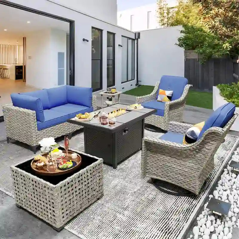 OVIOS 7 Pieces Outdoor Wicker Furniture Set With Solar-Powered Coffee Table&Fire Pit