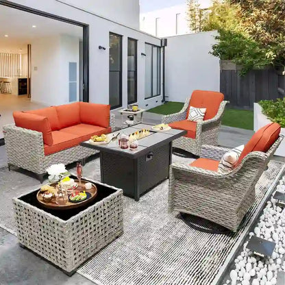 OVIOS 7 Pieces Outdoor Wicker Furniture Set With Solar-Powered Coffee Table&Fire Pit