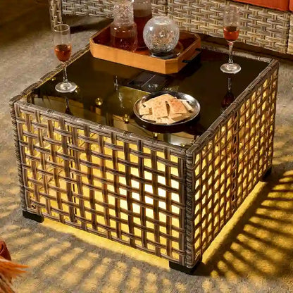 OVIOS 7 Pieces Outdoor Wicker Furniture Set With Solar-Powered Coffee Table&Fire Pit