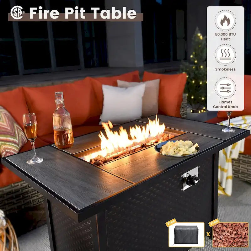 OVIOS 7 Pieces Outdoor Wicker Furniture Set With Solar-Powered Coffee Table&Fire Pit