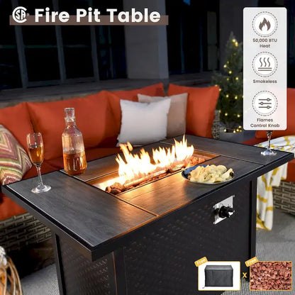 OVIOS 7 Pieces Outdoor Wicker Furniture Set With Solar-Powered Coffee Table&Fire Pit