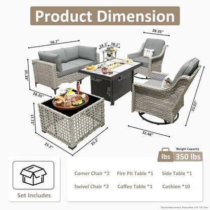 OVIOS 7 Pieces Outdoor Wicker Furniture Set With Solar-Powered Coffee Table&Fire Pit