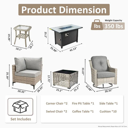 OVIOS 7 Pieces Outdoor Wicker Furniture Set With Solar-Powered Coffee Table&Fire Pit