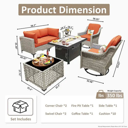 OVIOS 7 Pieces Outdoor Wicker Furniture Set With Solar-Powered Coffee Table&Fire Pit