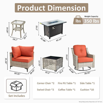 OVIOS 7 Pieces Outdoor Wicker Furniture Set With Solar-Powered Coffee Table&Fire Pit