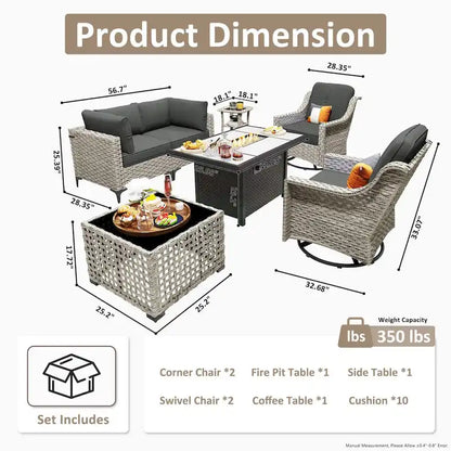 OVIOS 7 Pieces Outdoor Wicker Furniture Set With Solar-Powered Coffee Table&Fire Pit