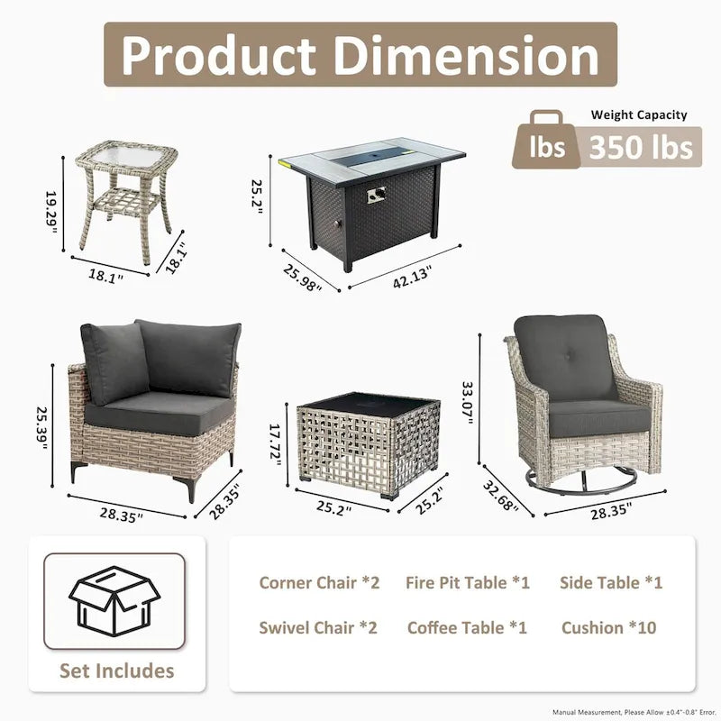 OVIOS 7 Pieces Outdoor Wicker Furniture Set With Solar-Powered Coffee Table&Fire Pit