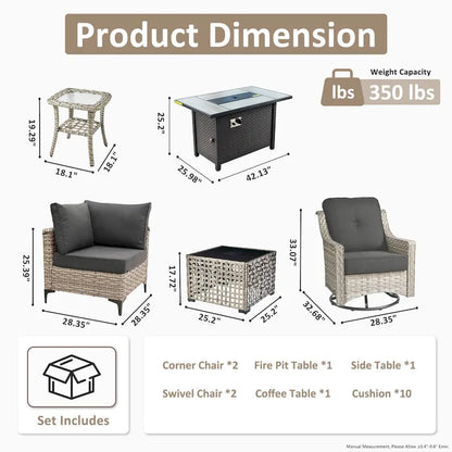 OVIOS 7 Pieces Outdoor Wicker Furniture Set With Solar-Powered Coffee Table&Fire Pit