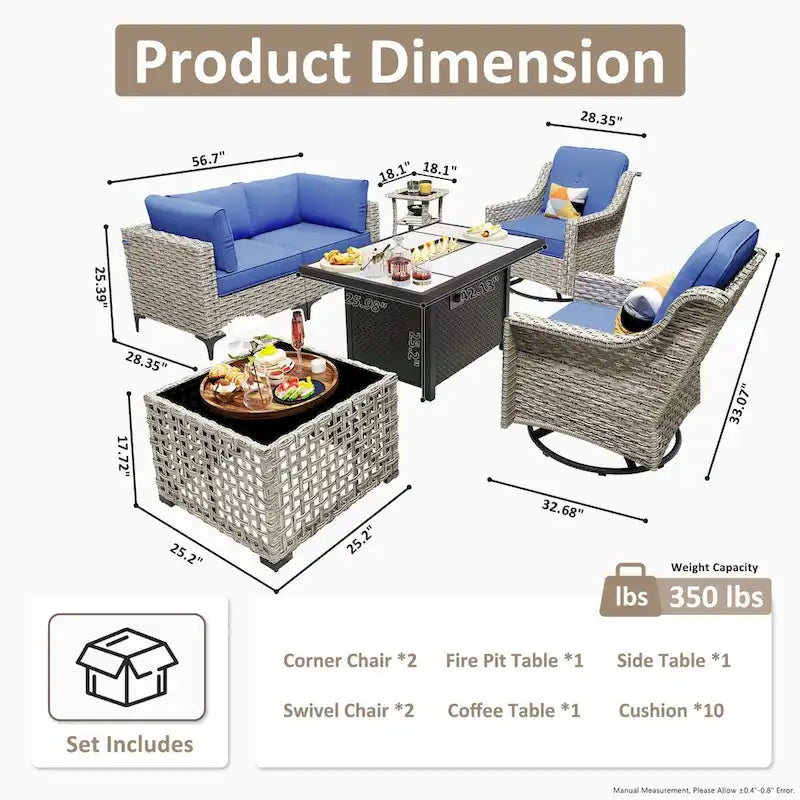 OVIOS 7 Pieces Outdoor Wicker Furniture Set With Solar-Powered Coffee Table&Fire Pit