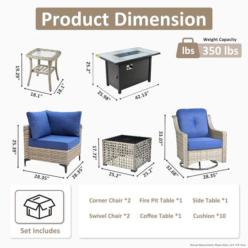 OVIOS 7 Pieces Outdoor Wicker Furniture Set With Solar-Powered Coffee Table&Fire Pit