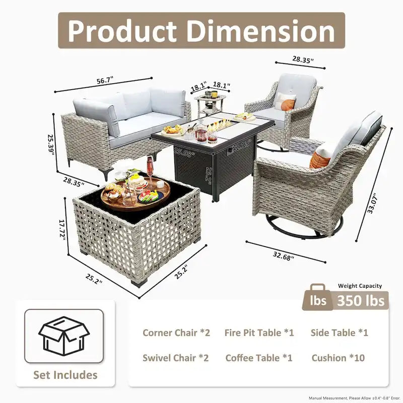 OVIOS 7 Pieces Outdoor Wicker Furniture Set With Solar-Powered Coffee Table&Fire Pit