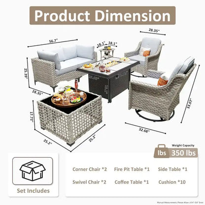 OVIOS 7 Pieces Outdoor Wicker Furniture Set With Solar-Powered Coffee Table&Fire Pit