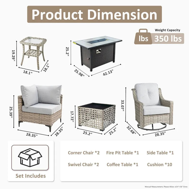 OVIOS 7 Pieces Outdoor Wicker Furniture Set With Solar-Powered Coffee Table&Fire Pit