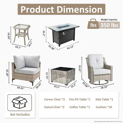 OVIOS 7 Pieces Outdoor Wicker Furniture Set With Solar-Powered Coffee Table&Fire Pit