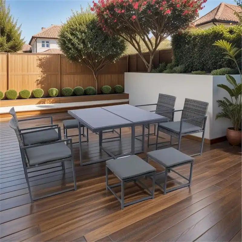 9 Pieces Patio Rattan Dining Sets with Glass Table Top