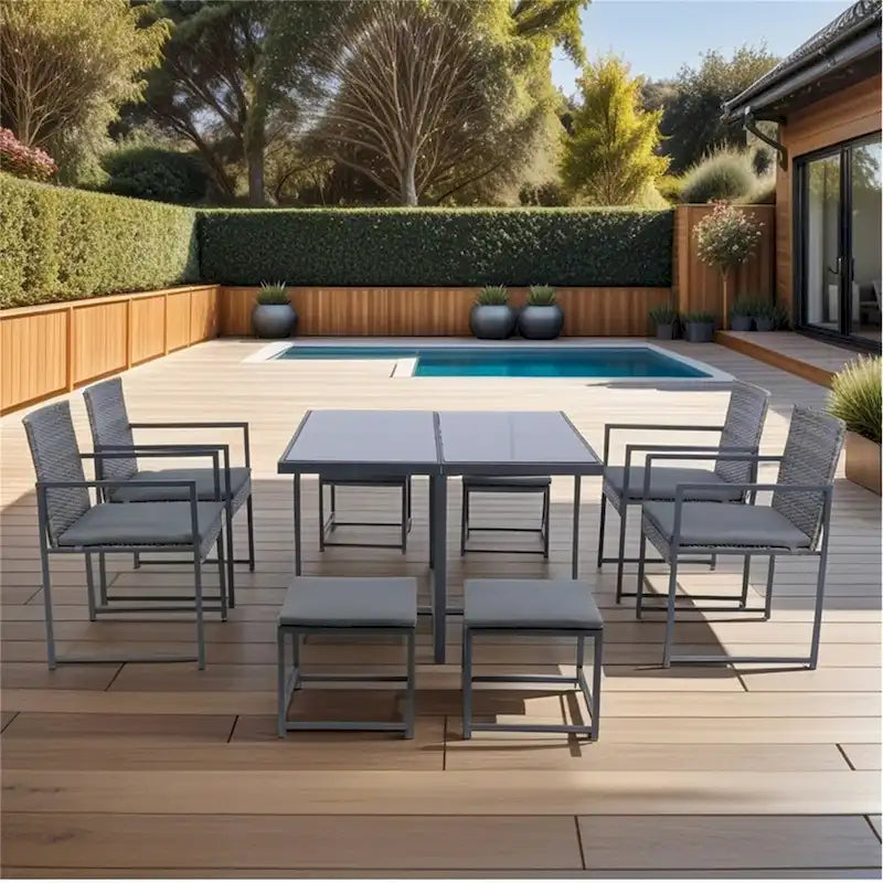 9 Pieces Patio Rattan Dining Sets with Glass Table Top