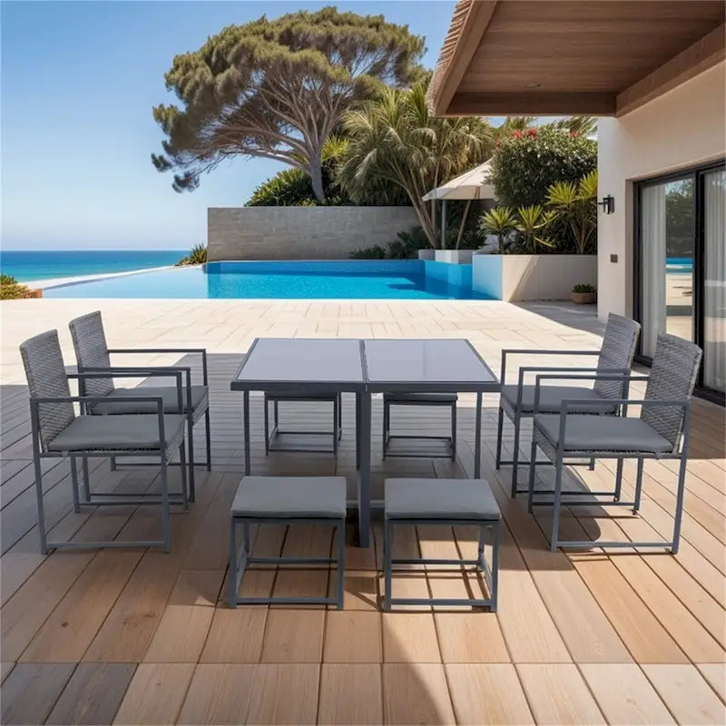 9 Pieces Patio Rattan Dining Sets with Glass Table Top