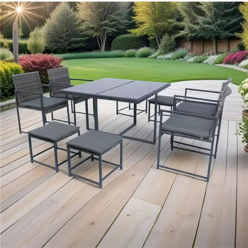 9 Pieces Patio Rattan Dining Sets with Glass Table Top