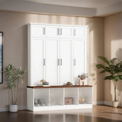 Multi-Functional Hall Tree w/4 Hidden Hanging Hooks,Wood Grain Bench