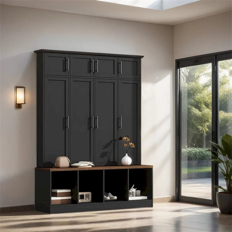 Multi-Functional Hall Tree w/4 Hidden Hanging Hooks,Wood Grain Bench