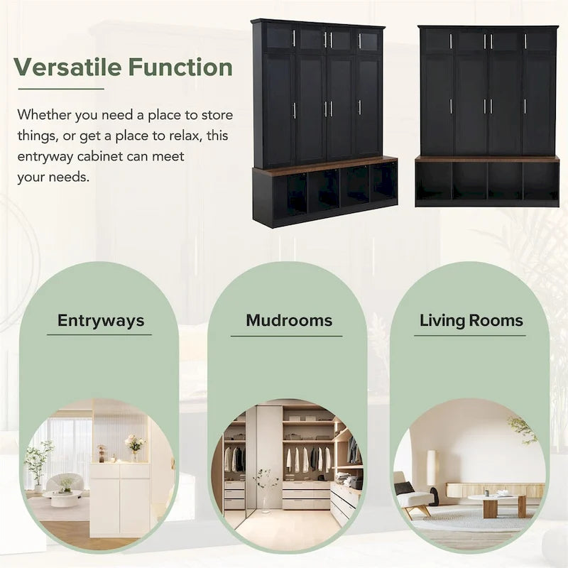 Multi-Functional Hall Tree w/4 Hidden Hanging Hooks,Wood Grain Bench