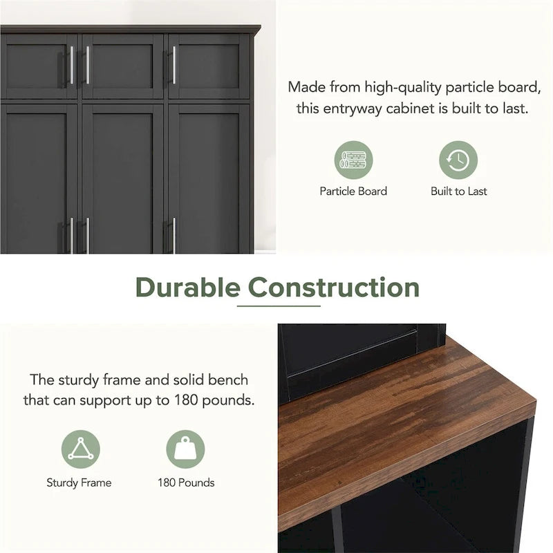 Multi-Functional Hall Tree w/4 Hidden Hanging Hooks,Wood Grain Bench