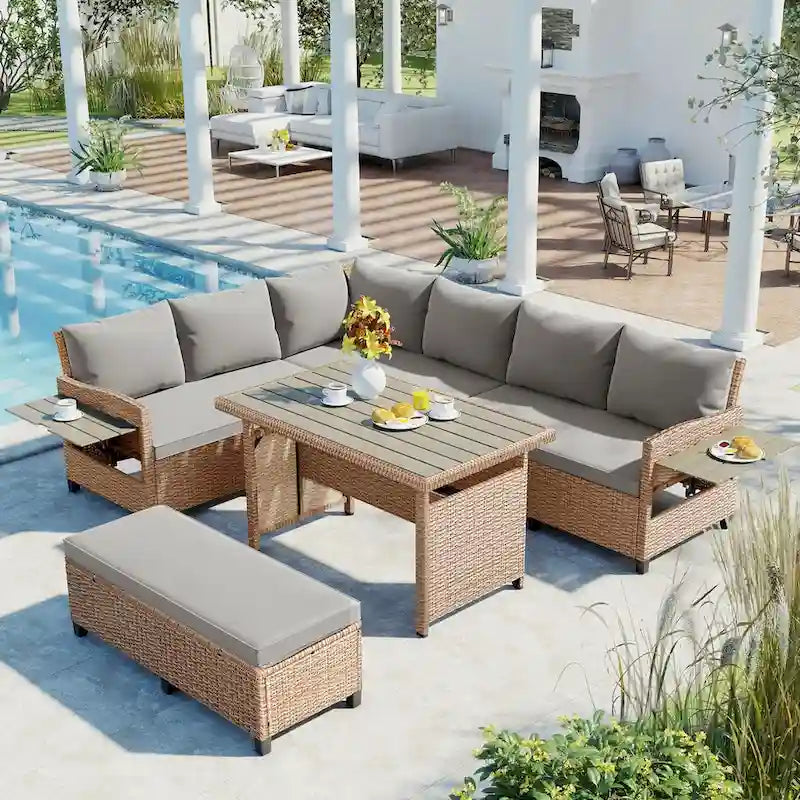 Brown PE Wicker Rattan L-Shaped Sectional Sofa Set