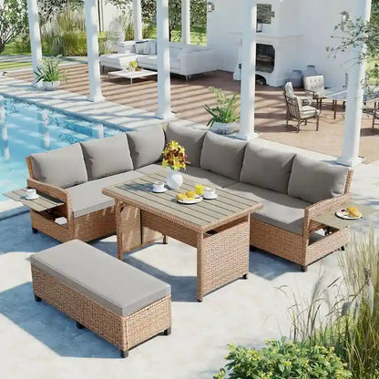 Brown PE Wicker Rattan L-Shaped Sectional Sofa Set
