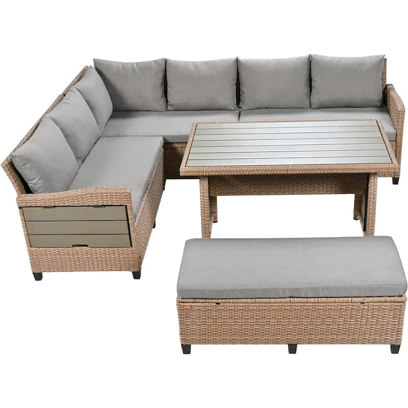 Brown PE Wicker Rattan L-Shaped Sectional Sofa Set