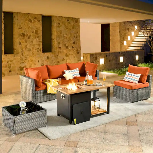 HOOOWOOO 4 Seater Grey Rattan Outdoor Furniture Fire Pit Set