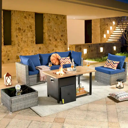 HOOOWOOO 4 Seater Grey Rattan Outdoor Furniture Fire Pit Set