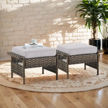 Gymojoy 2PCS Patio Rattan Ottoman Cushioned Seat - Brown